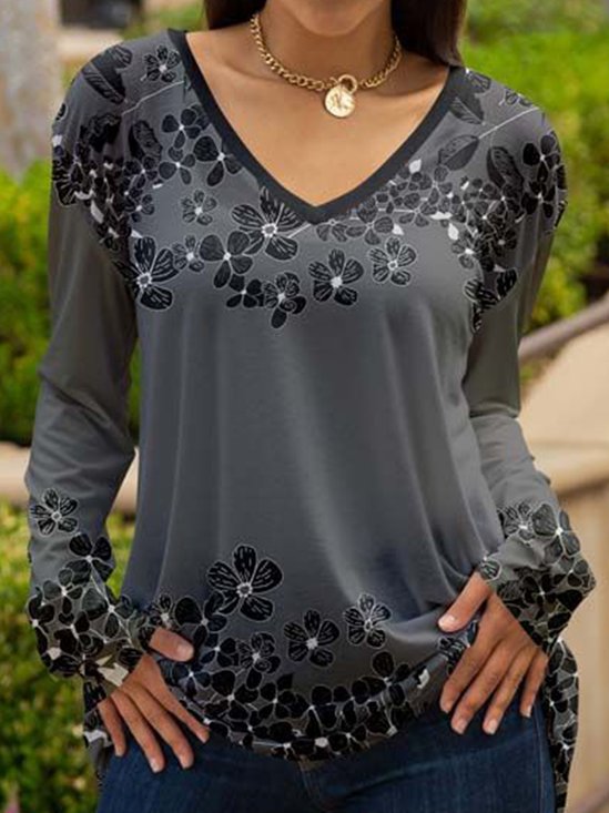 Long sleeve V-neck plant flower print gradient top T-shirt women