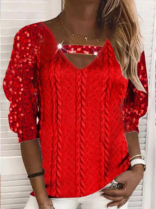 Long sleeve V-neck plain twist fabric stitching Sequin anti pricking double-layer design gorgeous party holiday top