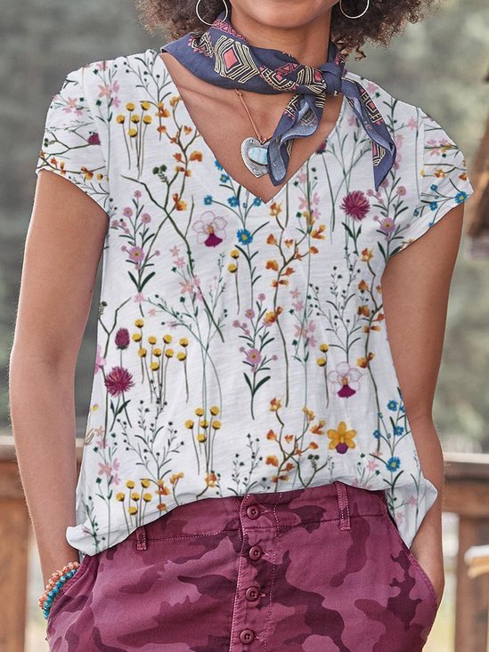 Floral Printed Casual V Neck Shirts & Tops