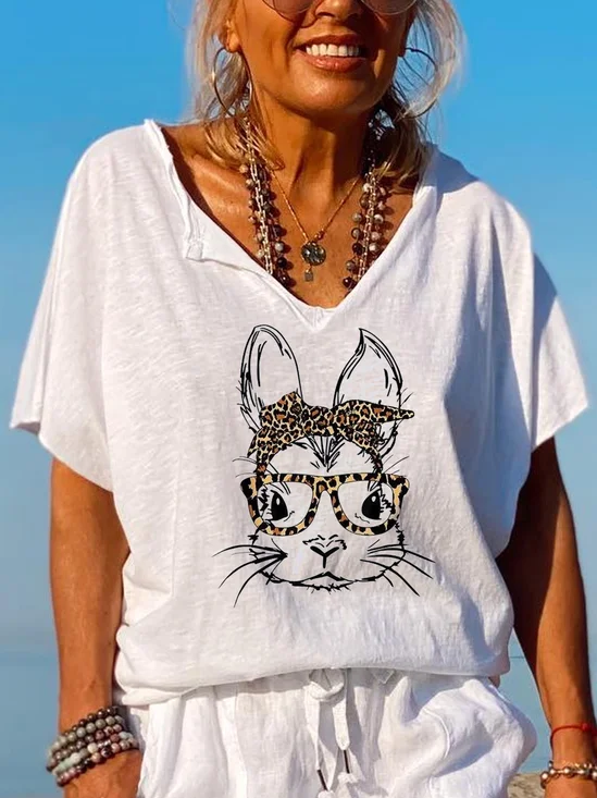 Women's Animal Short Sleeve Tee T-shirt V Neck Vintage Summer Top