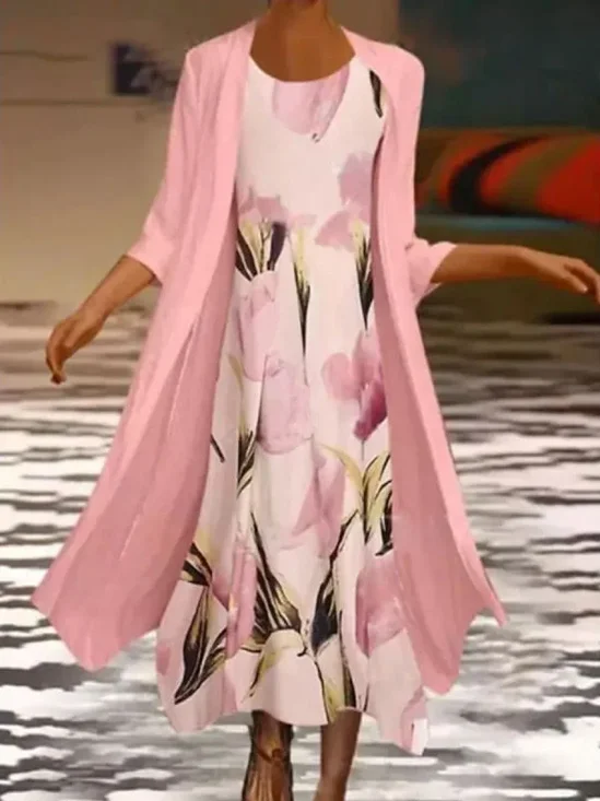 Women's Floral Pattern Daily Going Out Two Piece Set Three Quarter Sleeve Casual Spring/Fall Coat With Skirt Matching Set