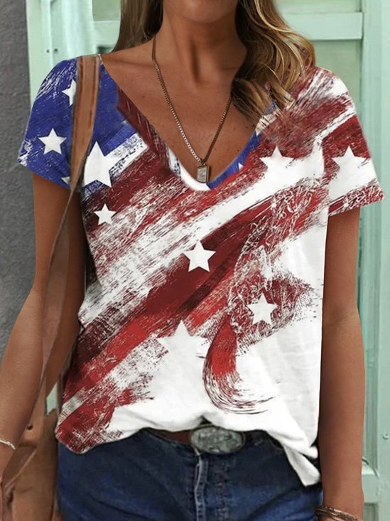 JFN V Neck American Flag Casual T-Shirt/Tee 