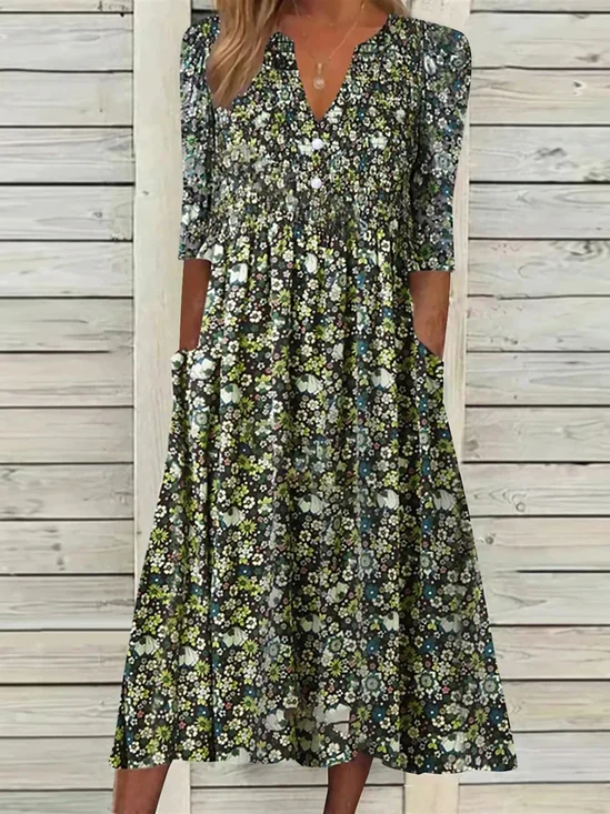 Women's Short Sleeve Summer Floral Dress V Neck Daily Going Out Casual Midi H-Line