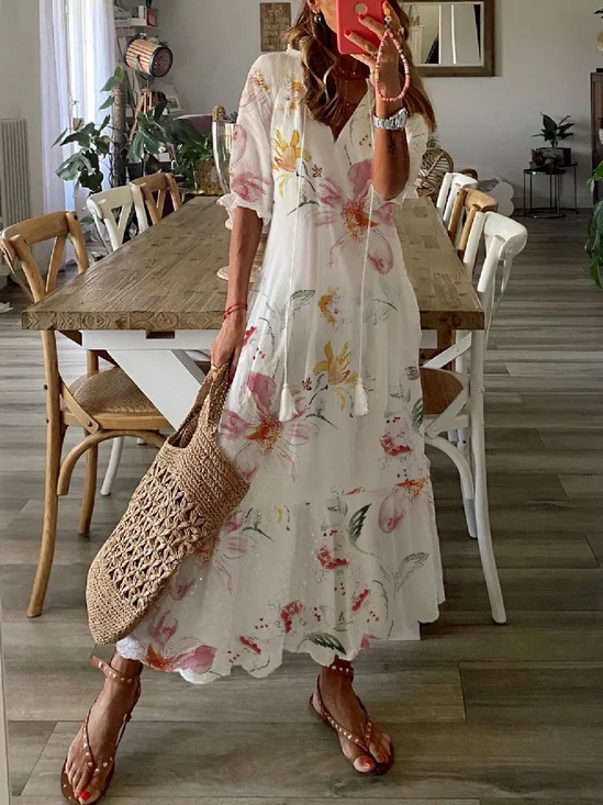 Women Floral Short Sleeve Summer Dress V Neck Daily Casual Maxi H-Line Dress