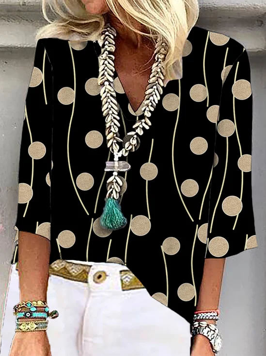 Women Striped Three Quarter Sleeve Shirt Spring/Fall V Neck Daily Casual Top