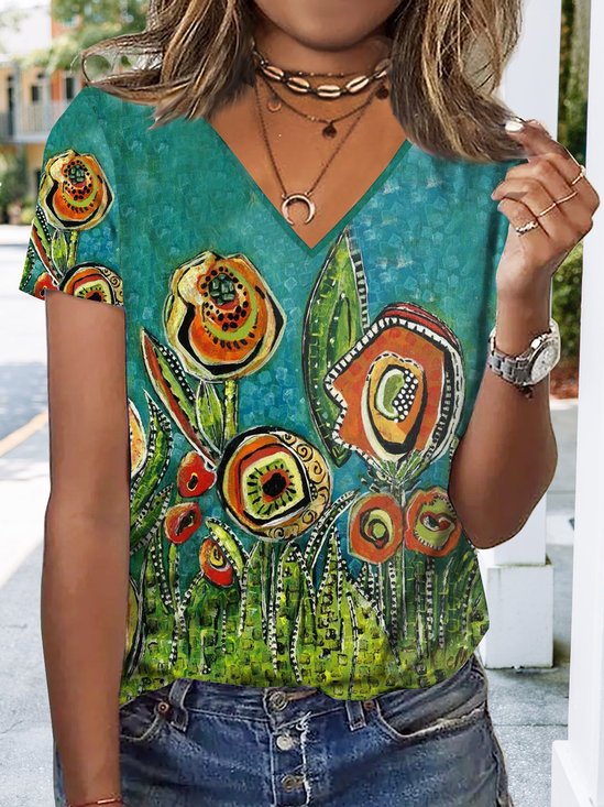 Abstract rose pattern loose holiday flower T-shirt