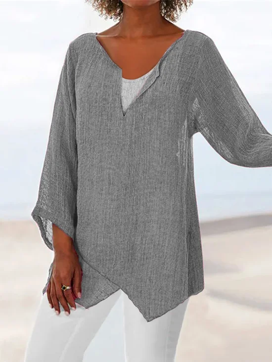 JFN Cotton & Linen Asymmetric Hem Loose Fit Long Sleeve Shirts Tunic Top