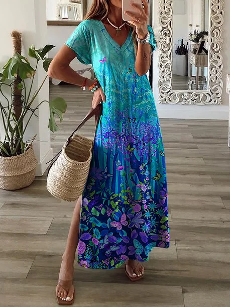 Women's Floral Pattern Short Sleeve Summer Dress V Neck Daily Casual Maxi T-Shirt Dress H-Line Dress