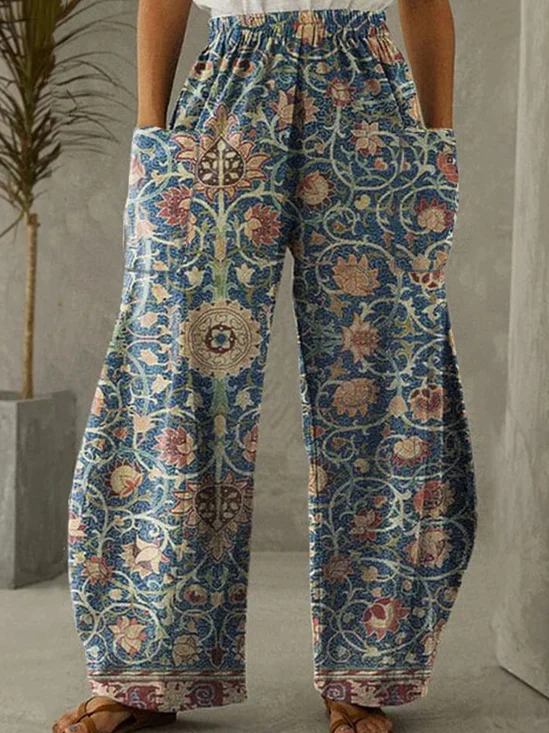 Women Ethnic Vintage Cotton-Blend Casual Wide-Leg Pants