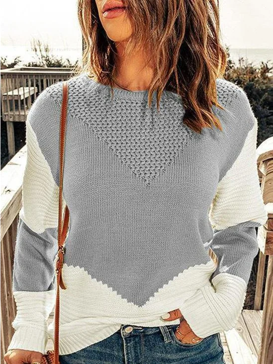 Round Neck Casual Loose Color Block Sweater Stitching Pullover