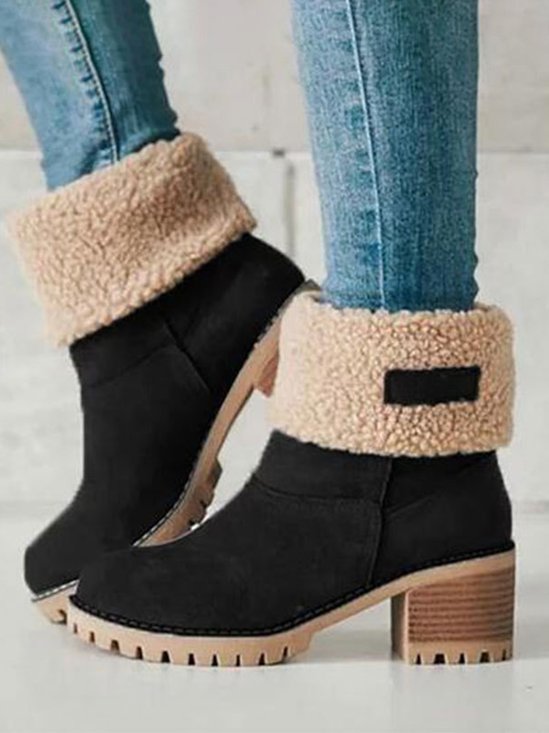 Women Plus Size Warm Square Chunky Heels Ankle Fur Lined Snow Boots
