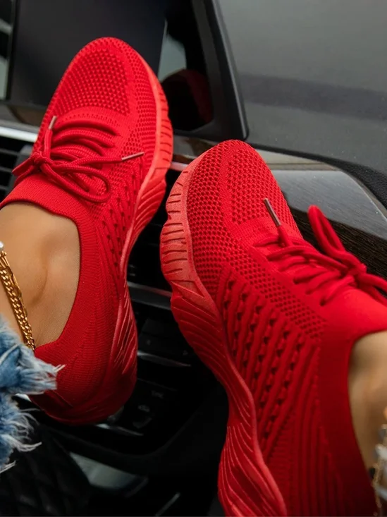 Women Mesh Platform  Lace-Up Fly Woven Lightweight Soft Sole Slip-On Solid Sneakers