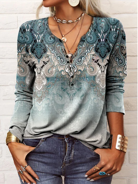 Women V-Neck Ethnic Boho Vintage Graphic Prints Long Sleeve Button T-Shirt