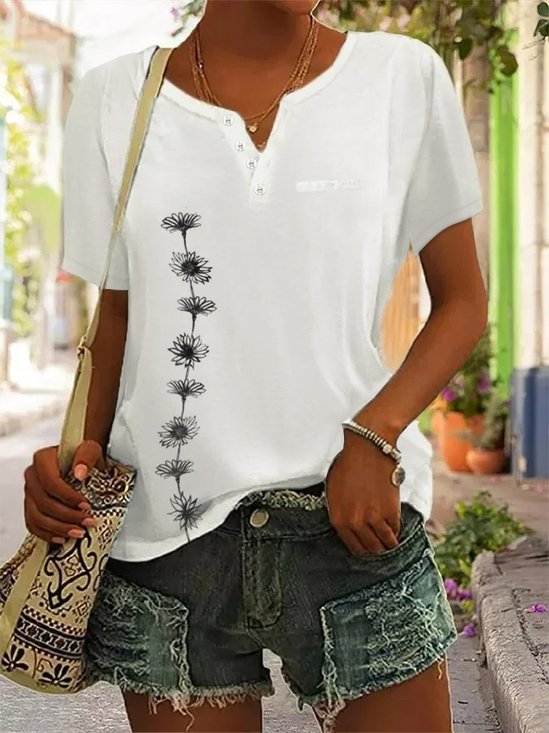 JFN V Neck  Buttoned Casual Floral Pocket Short Sleeve T-Shirt/Tee