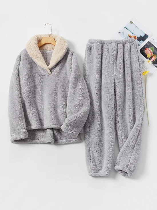 Casual Shawl Collar Fluff/Granular Fleece Fabric Loose Two-Piece Set