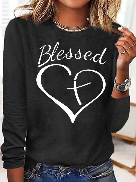 Women's Long Sleeve Blouse Spring/Fall Text Letters Cotton-Blend Crew Neck Daily Going Out Casual Top