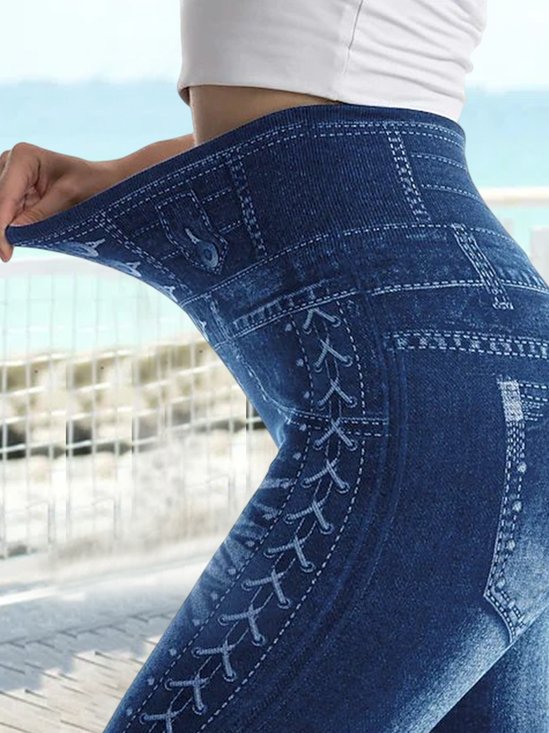 Women's Stretchy Faux Denim Jeans Leggings High Waist Tummy Control Pencil Pants