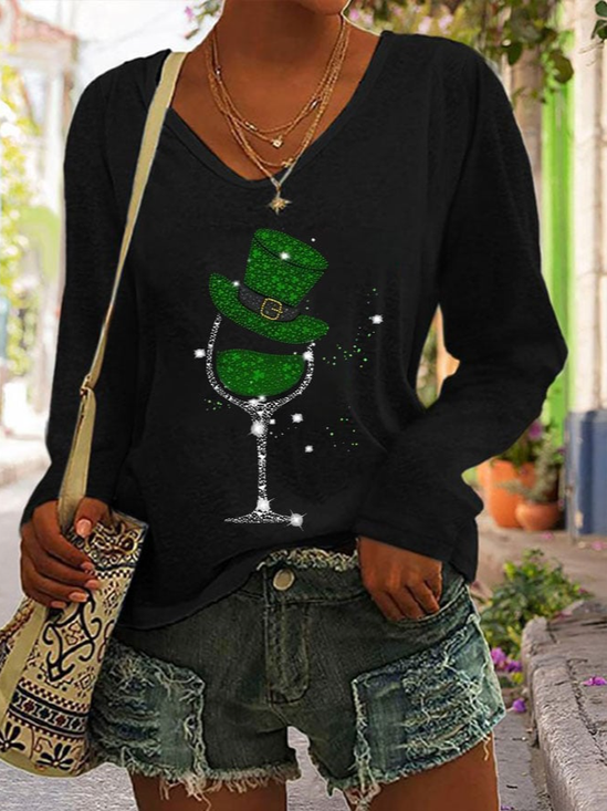 Women's St Patricks Day Shamrock Wine Glass Print Long Sleeve V Neck T-Shirt