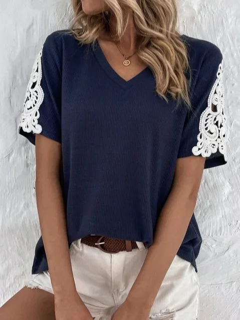 Lace Casual V Neck Knitted T-Shirt