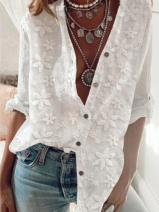 JFN Cotton & Linen Lace Stitching Long Sleeve Shirt