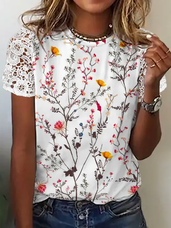 Women's Short Sleeve Blouse Summer Floral Lace Crew Neck Daily Going Out Casual Top