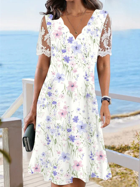 Floral Knitted V Neck Vacation Dress
