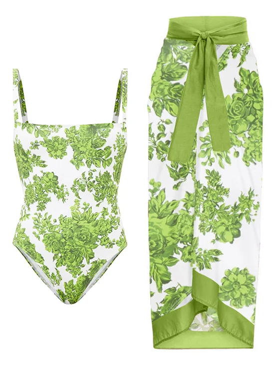 Vacation Floral Printing One Piece With Cover Up