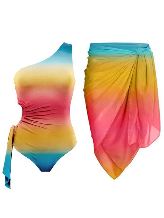 One Shoulder Vacation Ombre Printing One Piece With Cover Up