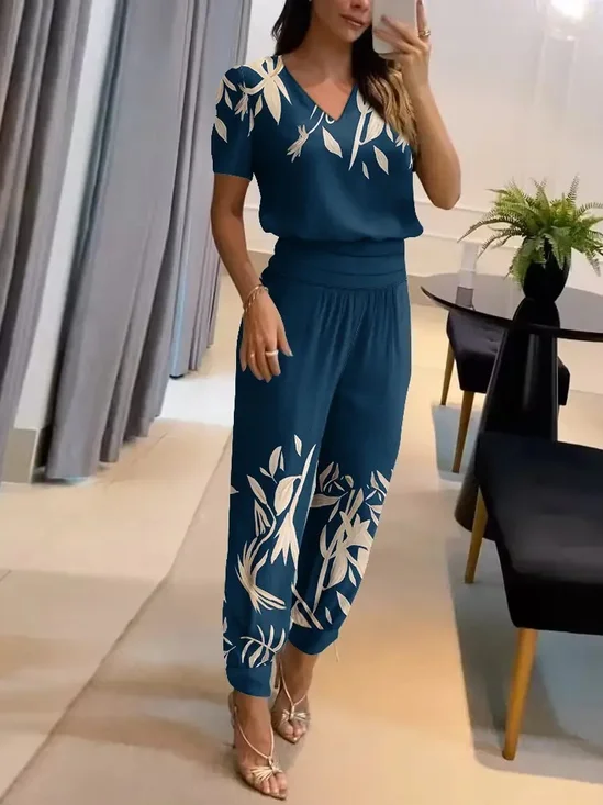 Women's Jersey Floral Pattern Daily Going Out Two Piece Set Short Sleeve Casual Summer Top With Pants Matching Set