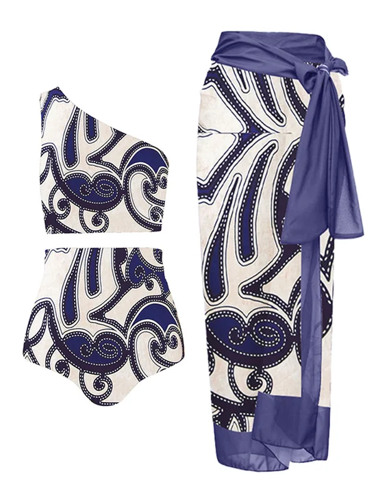 Vacation Abstract Printing One Shoulder Bikini With Cover Up