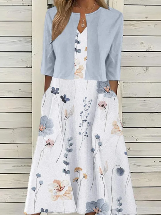 Women's Cotton Floral Pattern Daily Going Out Two Piece Set Half Sleeve Elegant Summer Coat With Skirt Matching Set