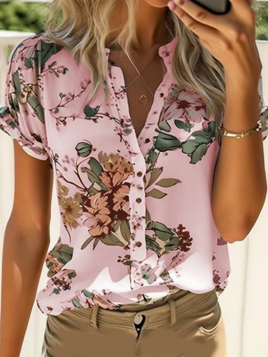 Floral Crew Neck Loose Simple Daily Short Sleeve Shirt