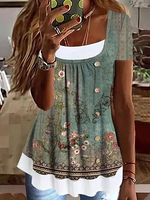 Floral Crew Neck Casual Blouse