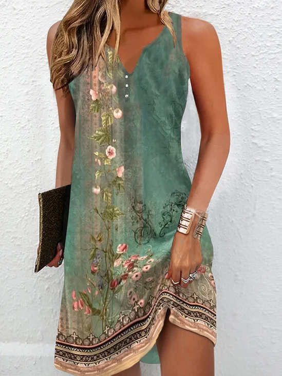 Women's Floral Sleeveless Summer Buckle Dress Daily Casual Mini Tank H-Line Dress
