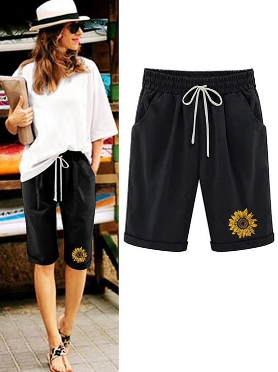 Women Sunflower Shorts Wide Leg Pants Casual Summer Shorts