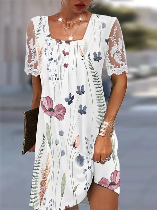 Square Neck Lace Casual Floral Loose Dress