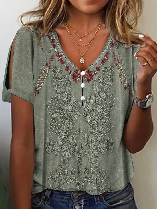 Women Ethnic Short Sleeve Blouse Summer Buttoned V Neck Daily Casual Top