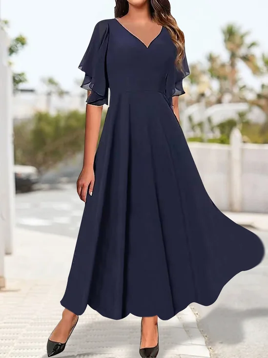 V Neck Regular Fit Ruffled Sleeves Elegant Plain Dress