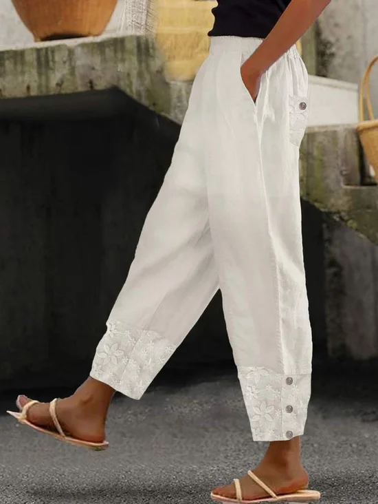 Plain Buttoned Cotton Linen Pants