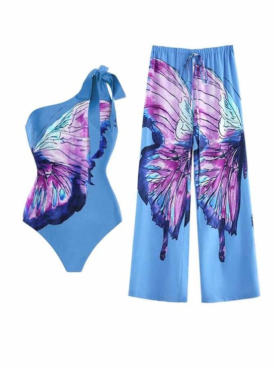 One Shoulder Vacation Butterfly Printing One Piece With Cover Up