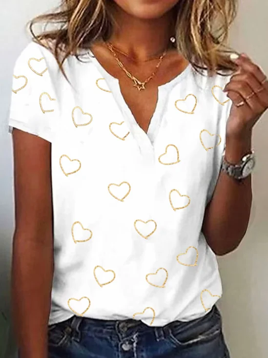 V Neck Vacation Heart/Cordate Loose T-Shirt