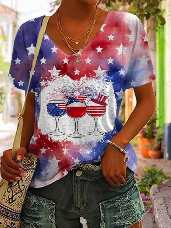 Loose America Flag Casual V Neck Women'S Star Wine Glass Print V-Neck Short-Sleeved T-Shirt