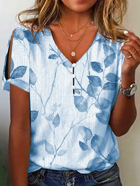 Women's Leaf Floral Short Sleeve Blouse Summer Buttoned V Neck Daily Casual Top