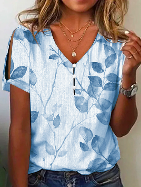 V Neck Casual Leaf Printed Blouse