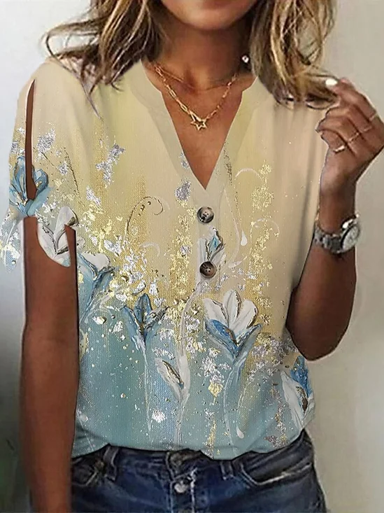 Floral Casual V Neck Loose Blouse