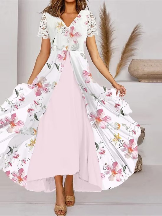 Elegant Lace Sleeve Floral V Neck Dress