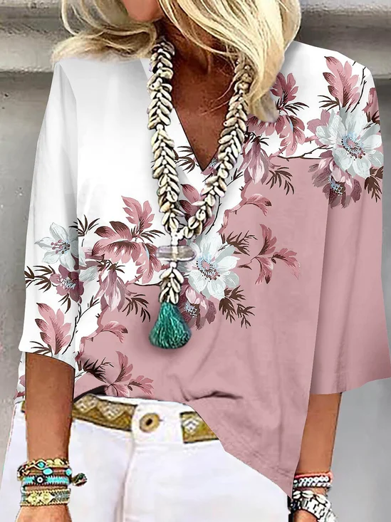 Loose Floral V Neck Casual Blouse
