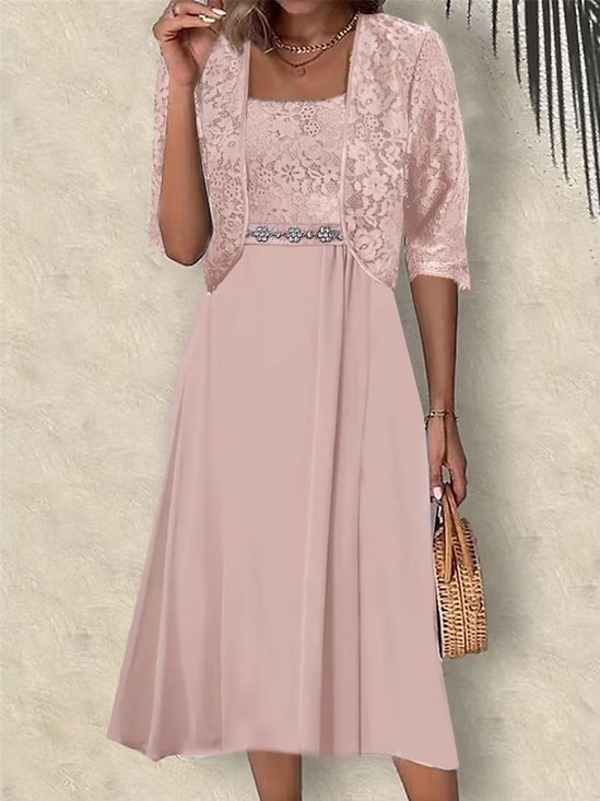 Women's Lace Plain Party Going Out Two Piece Set Half Sleeve Elegant Summer Coat With Skirt Matching Set