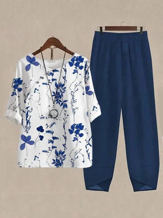 Women Floral Buckle Two-Piece Set Daily Three Quarter Sleeve Casual Spring/Fall Top With Pants Matching Set