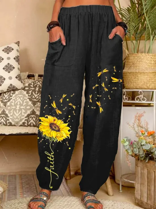 JFN Cotton Floral Vacation Sunflower Art Print Lounge Pants